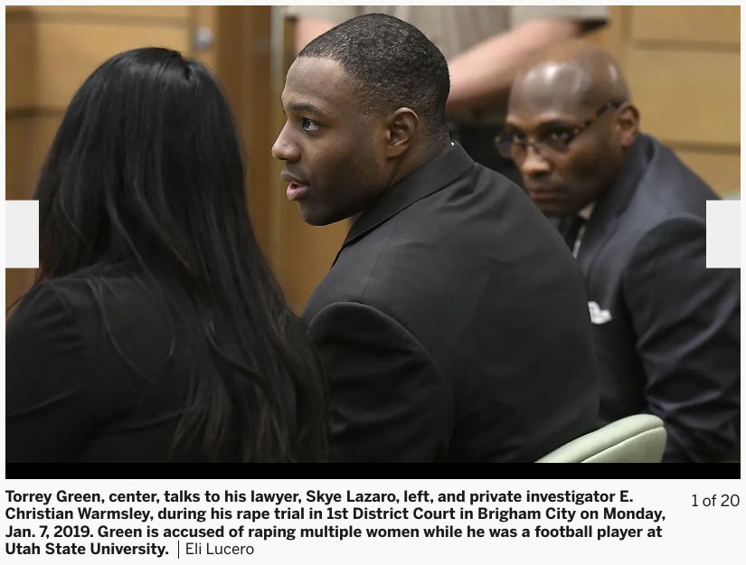 Christian Warmsley in the courtroom with Torrey Green and the defense